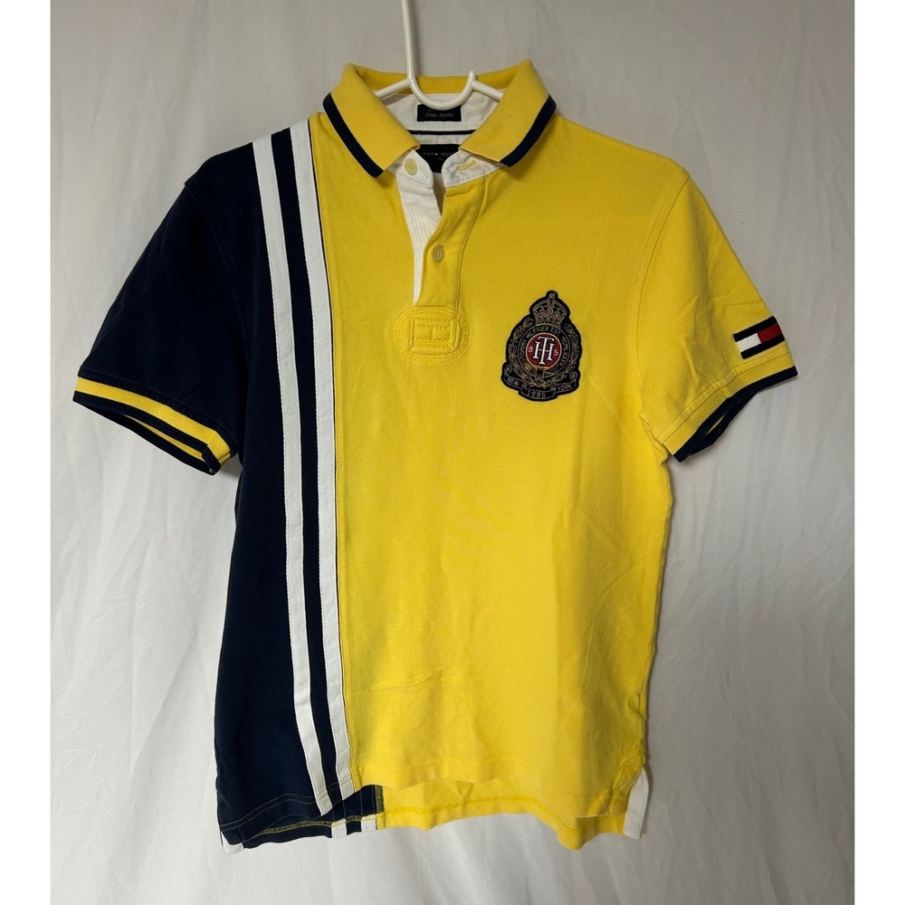 Tommy Hilfiger Mens Custom Fit Polo Shirt Yellow Navy Blue Embroidered Crest S